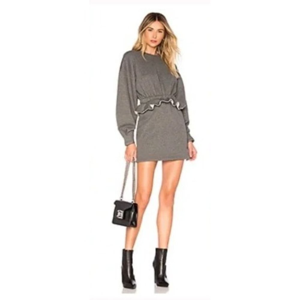 L’Academie Gray Sweatshirt Dress Peplum Ruffle Hem Pullover Size M Cozy Chic - Picture 1 of 7